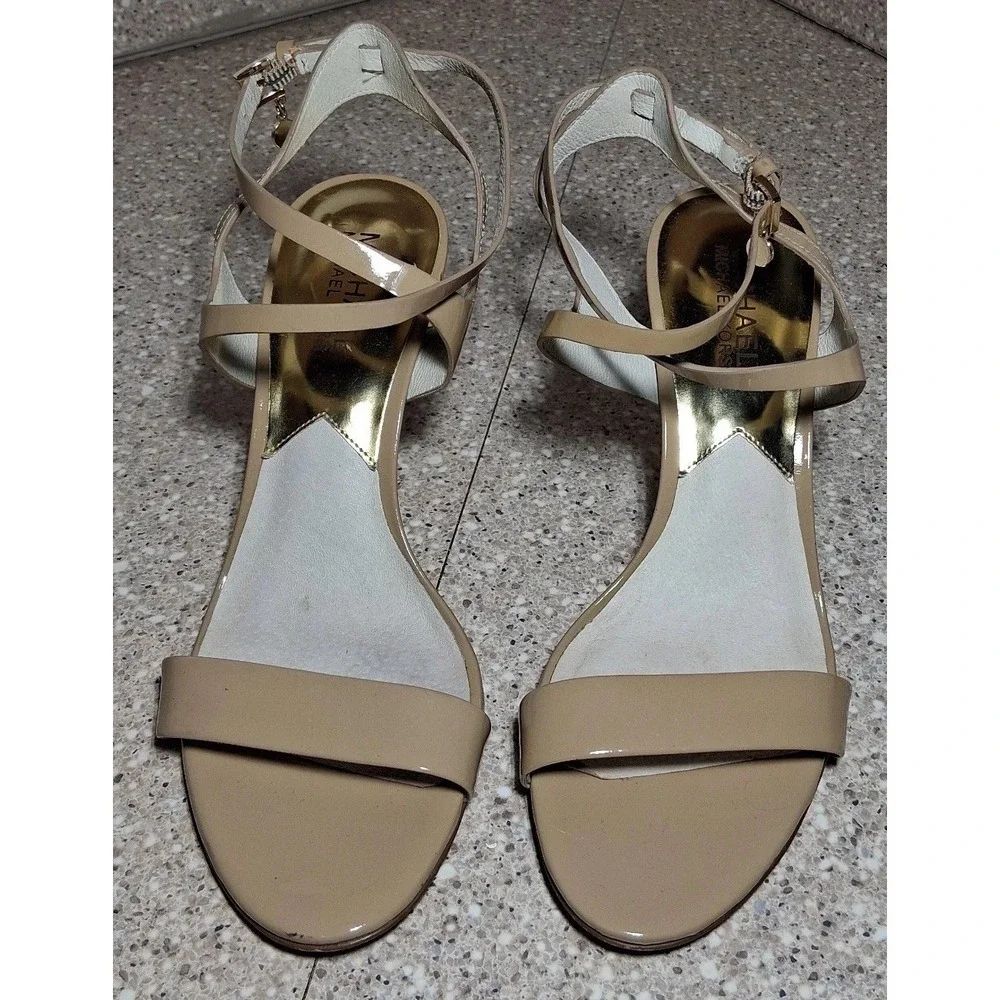 Michael Michael Kors Nude Patent Leather Strappy Stiletto Sandals Charm 7.5M